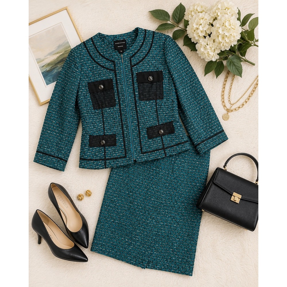 Doncaster Collection Teal Tweed Skirt Suit Set Zip Jacket Pencil Skirt Size 16